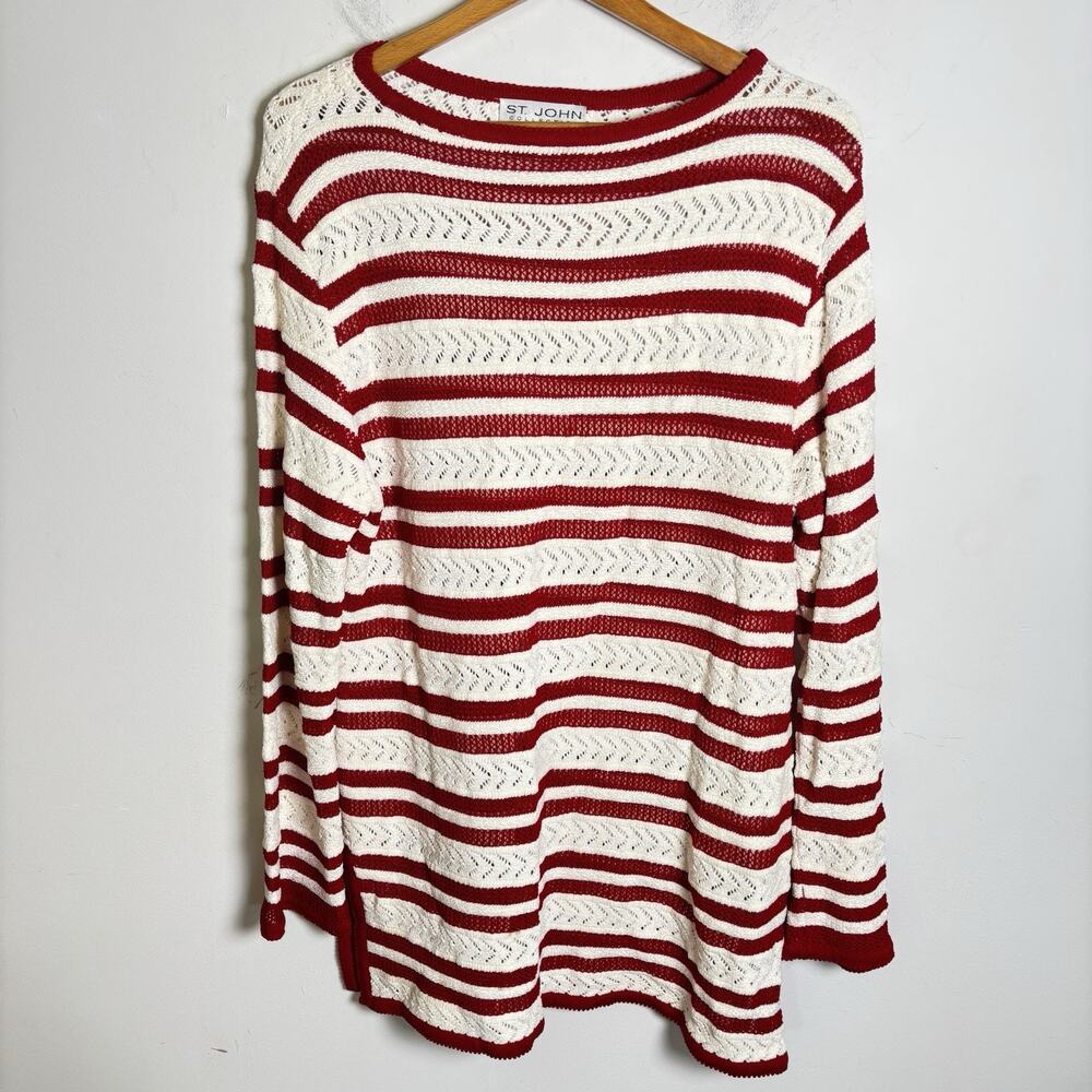 Vintage St John Collection Open Knit Pullover Sweater Red White Stripe Size L